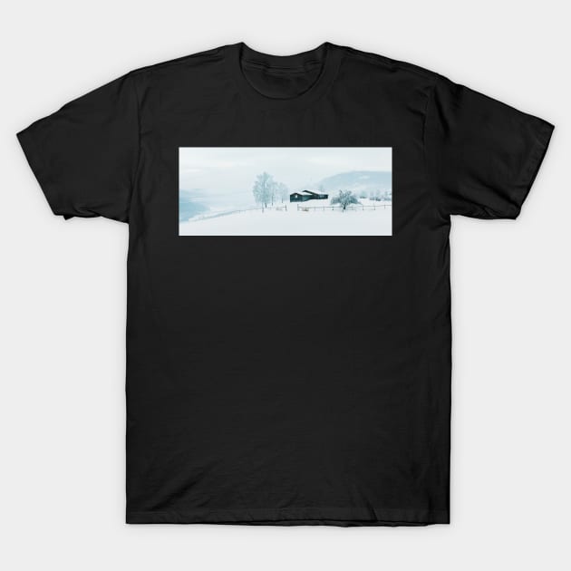 Snowfall in White Winter Landscape in Rural Scandinavia T-Shirt by visualspectrum